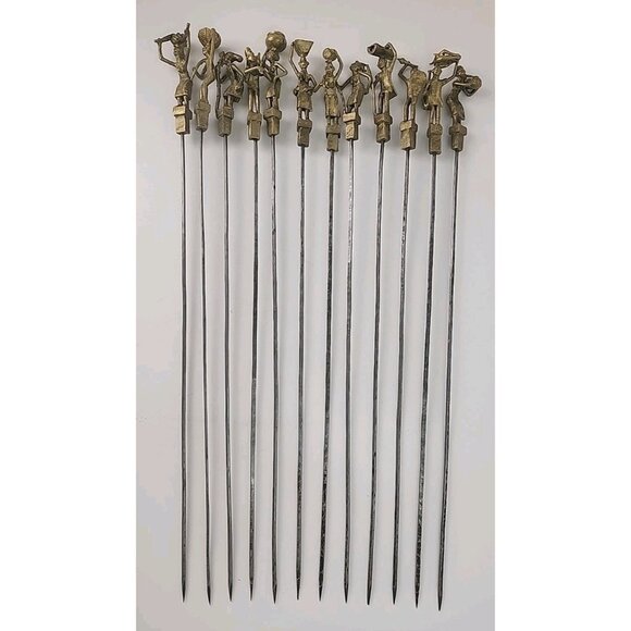 12 Vintage Unique African Brass & Stainless Steel Kebab Skewers 19" Souvlaki - Picture 1 of 9